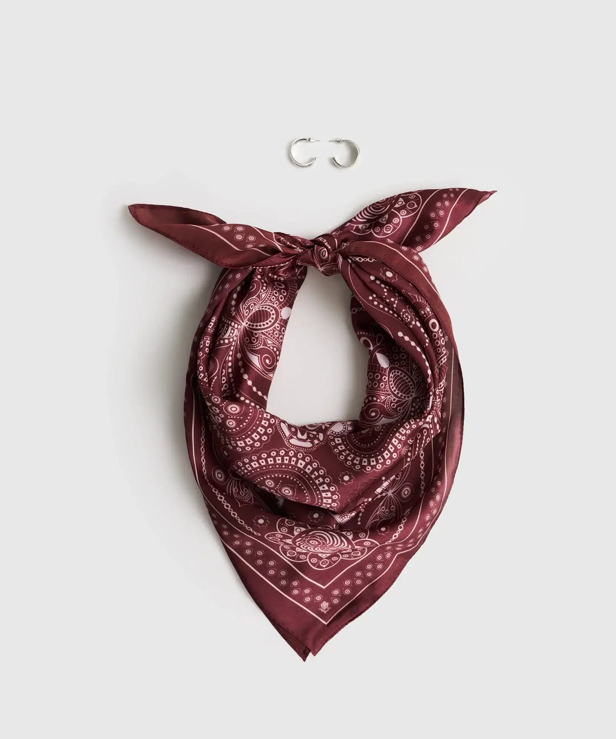 Set Pañuelo Y Aros Estampado Y Argollas Dobles de Lounge, pañuelo marrón con diseño estampado.