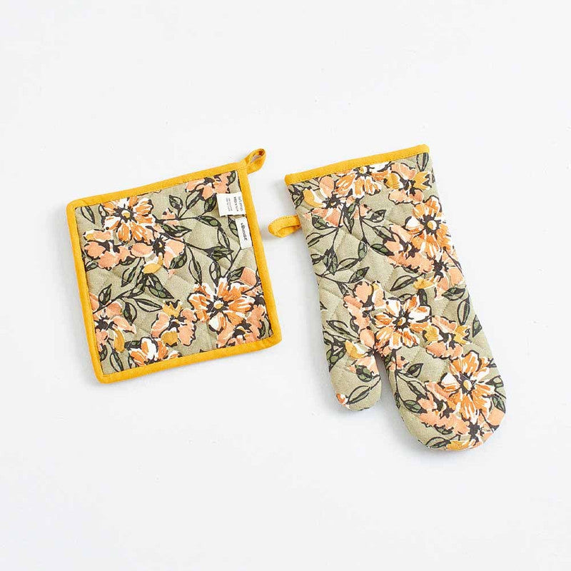 Set Guante Y Toma Olla Flores Pequeñas