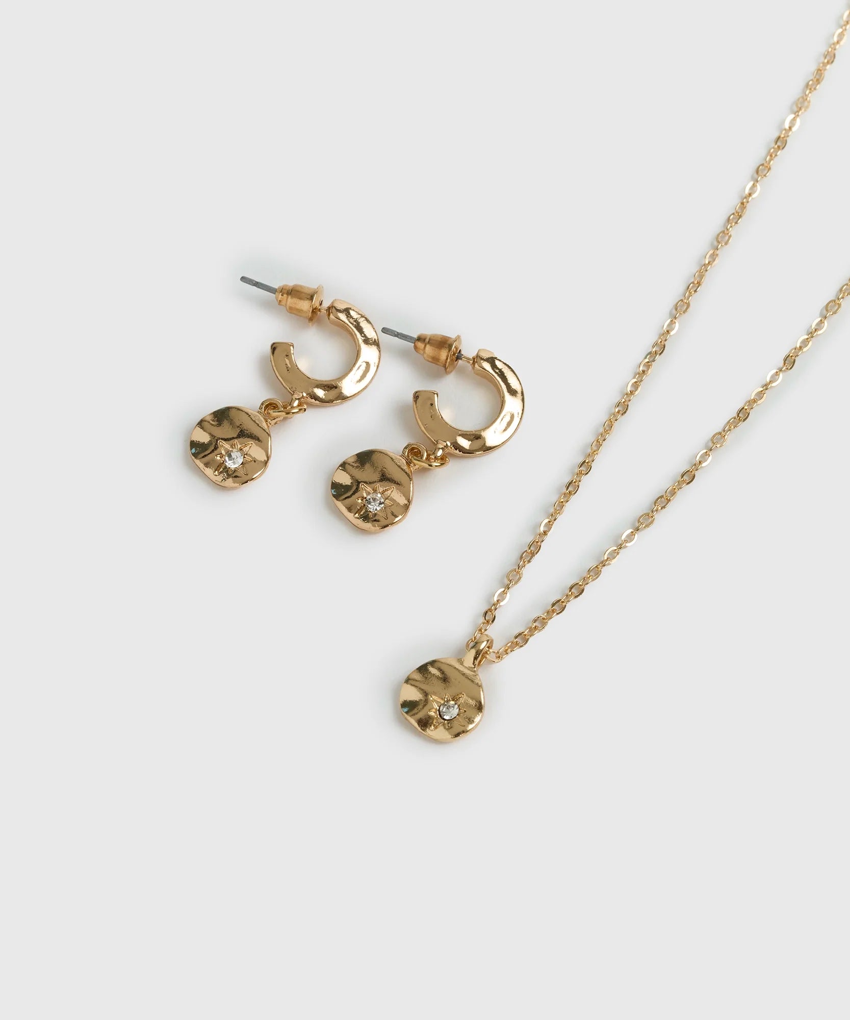 Set Collar Y Aros Circulo Machacado Strass Estrella