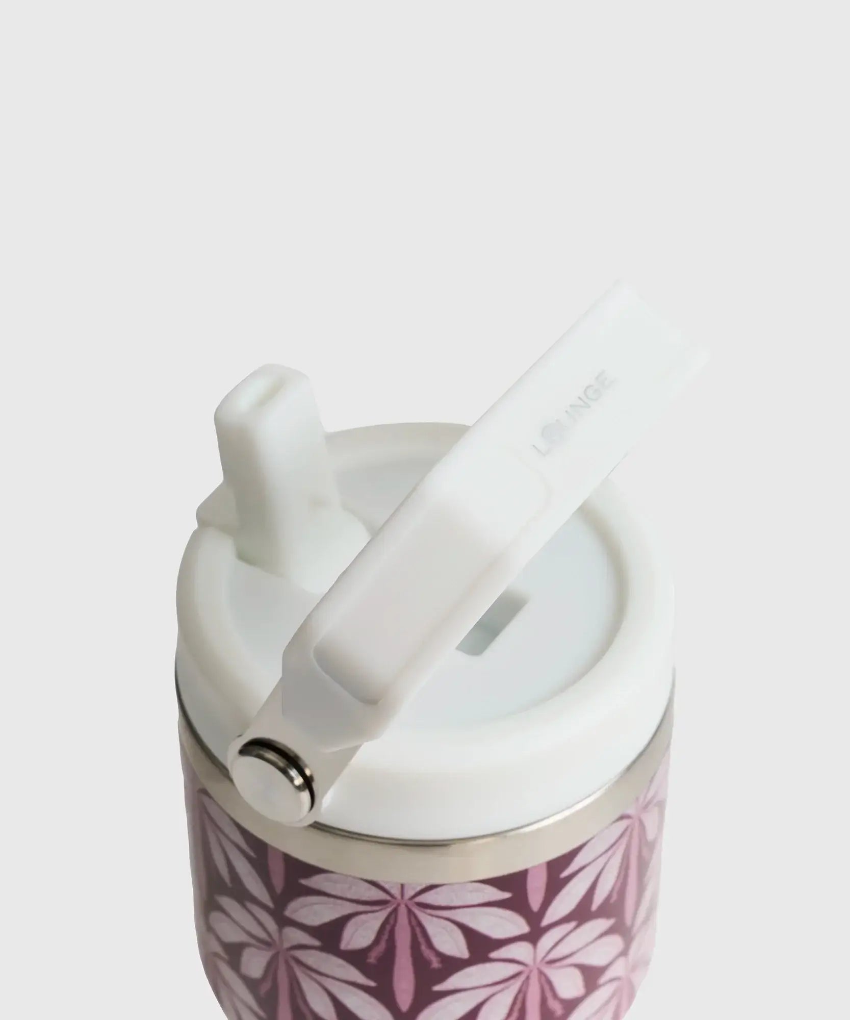 Botella Térmica Estampado de Lounge, tapa blanca y mango irregular para fácil transporte.