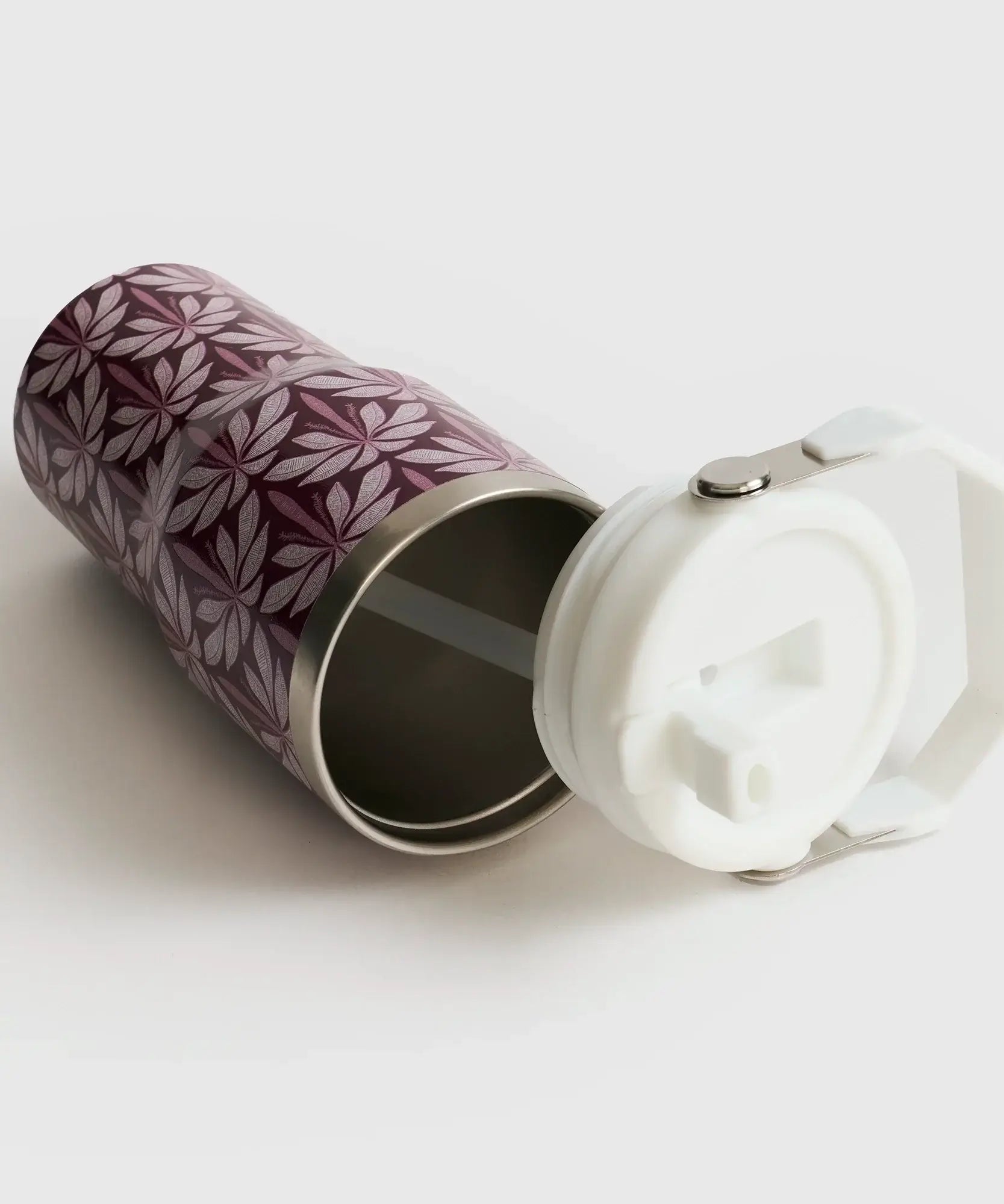 Botella Térmica Estampado de Lounge con diseño floral, tapa blanca, capacidad de 590 ml, ideal para bebidas frías y calientes.