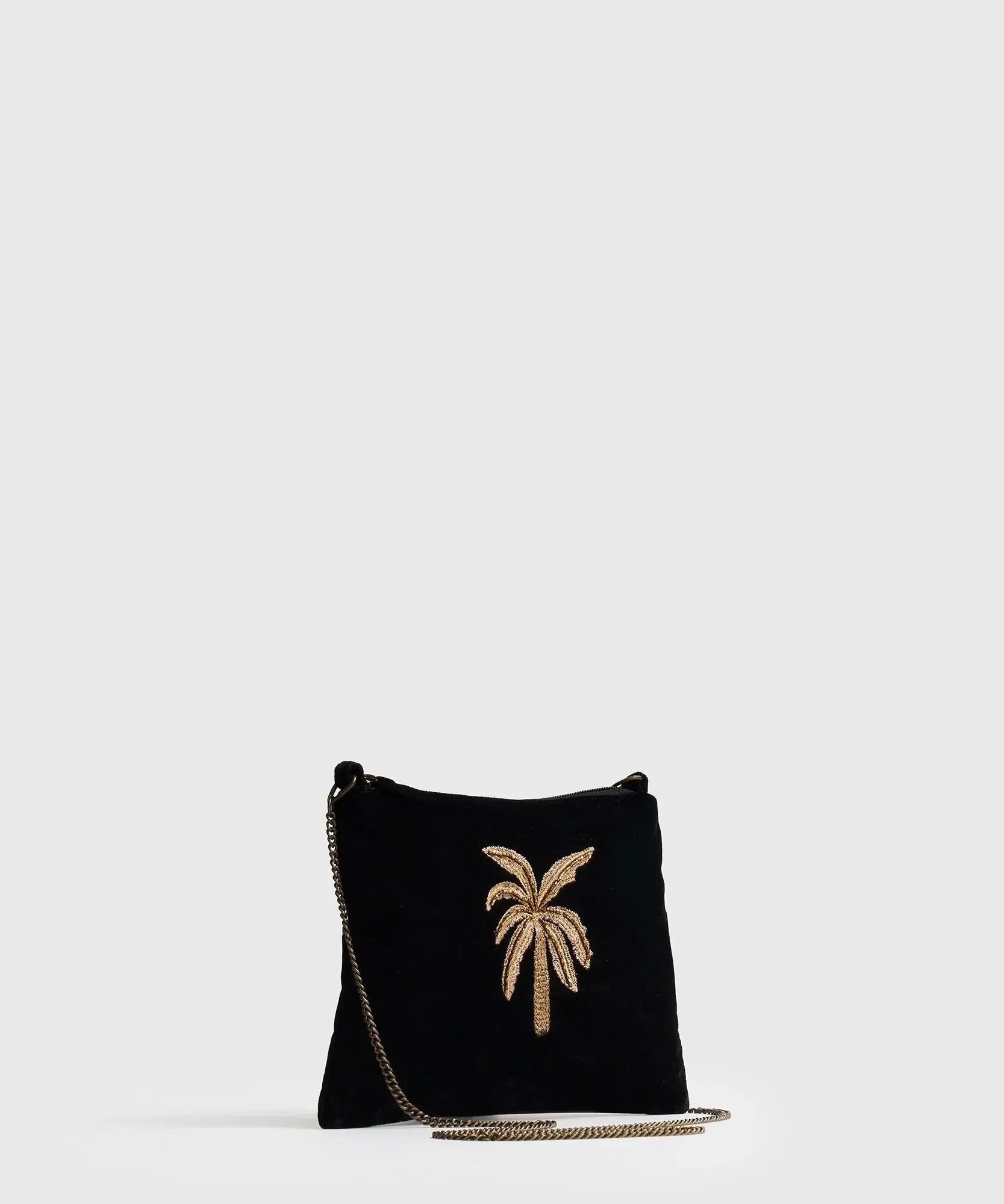 Cartera Bandolera Velvet Fiesta de Lounge, pequeña de fiesta en velvet con diseño bordado y strap de cadena.