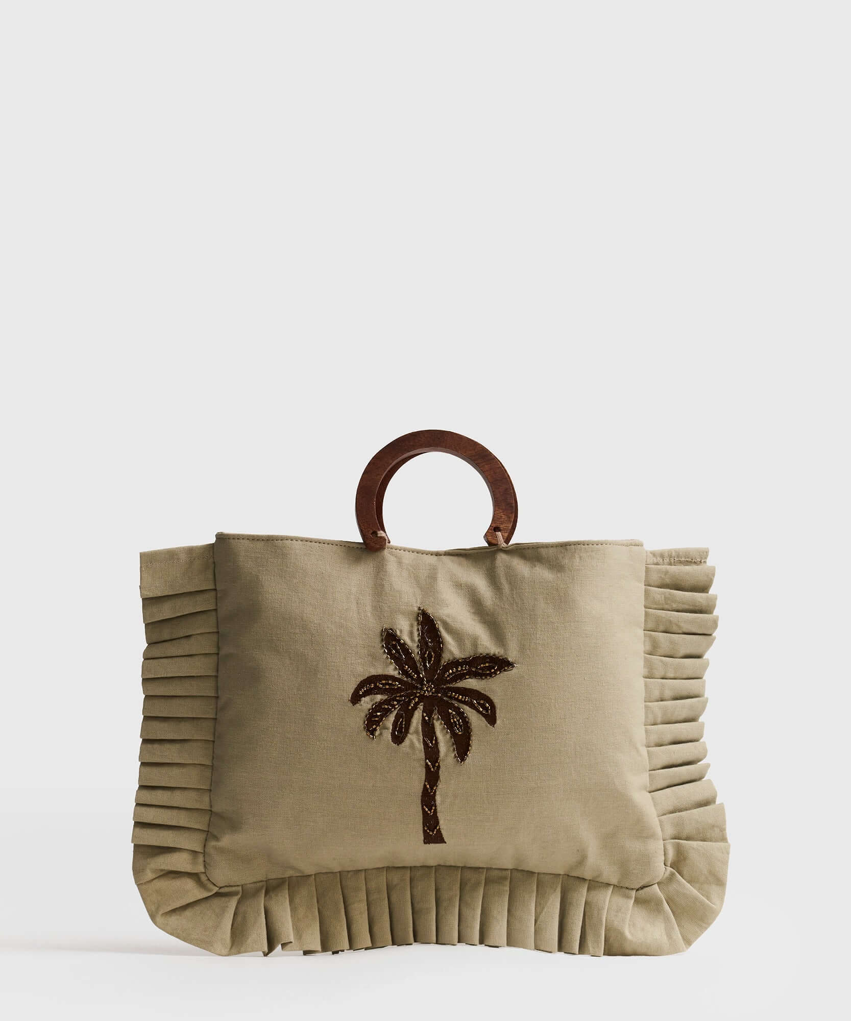 Mini Cartera Vuelos Paradiso de Lounge, cartera pequeña con diseño de palmera y asas de madera.