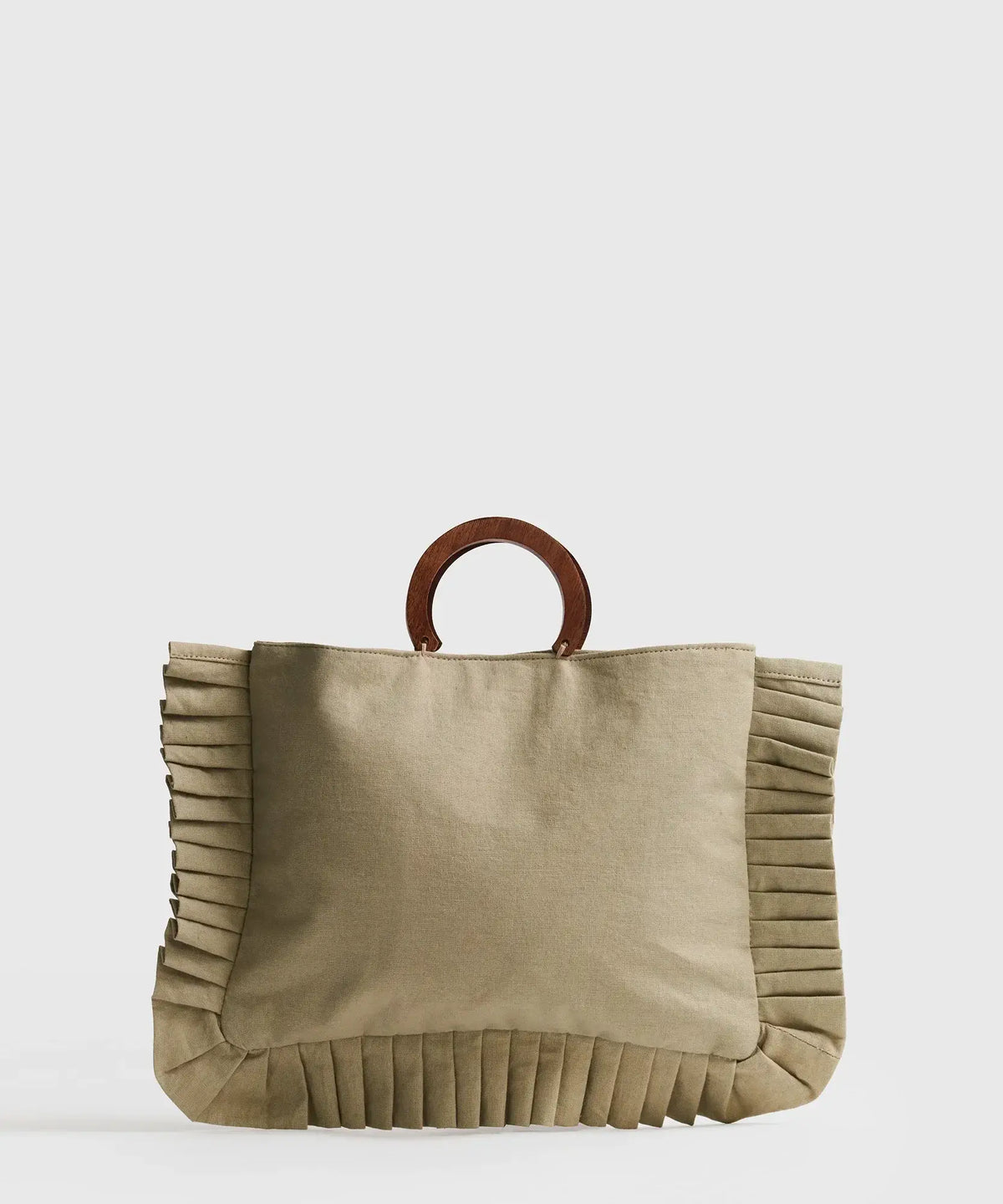 Mini Cartera Vuelos Paradiso de Lounge, cartera pequeña con detalles de vuelos y asa de madera.