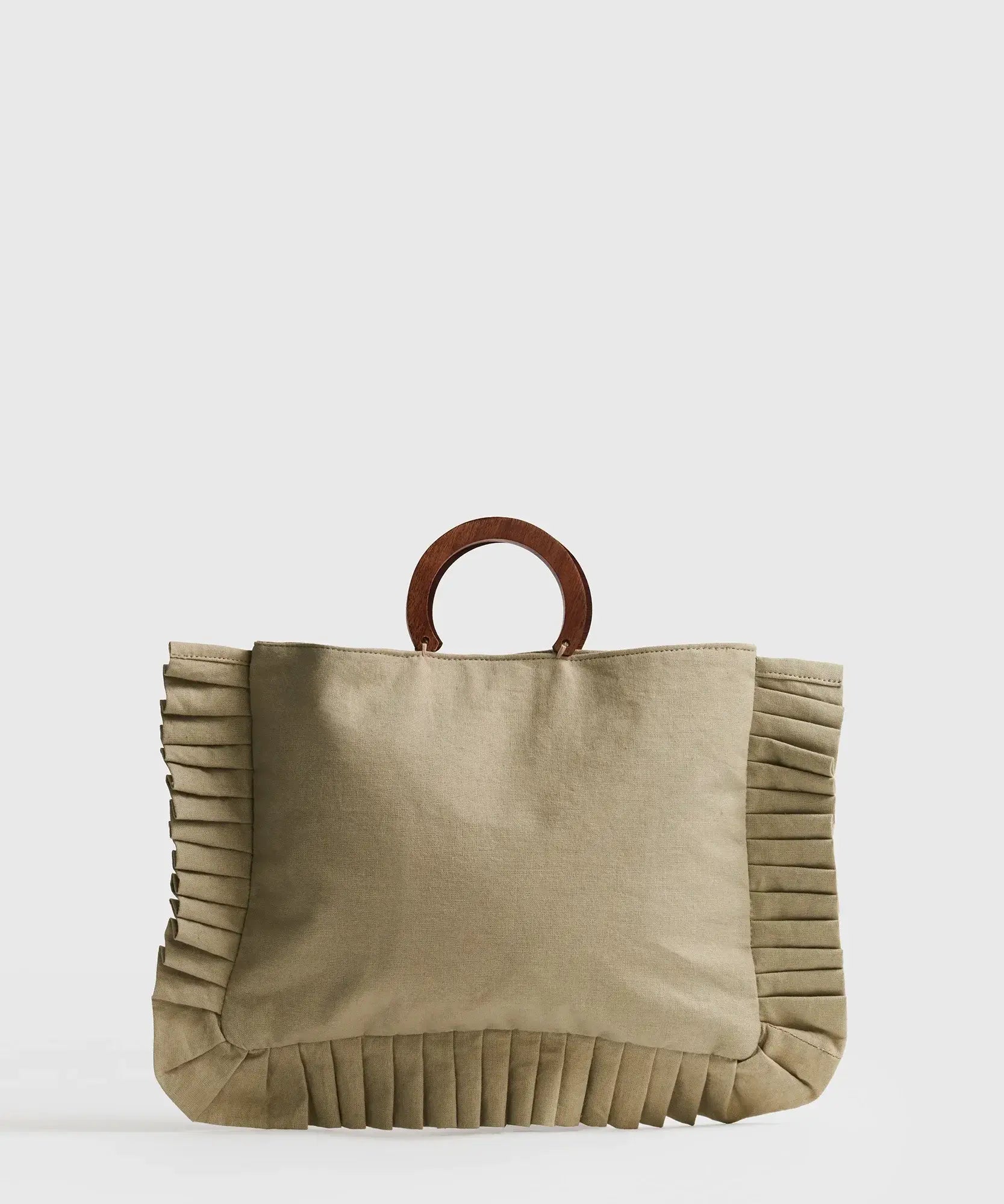Mini Cartera Vuelos Paradiso de Lounge, cartera pequeña con detalles de vuelos y asa de madera.