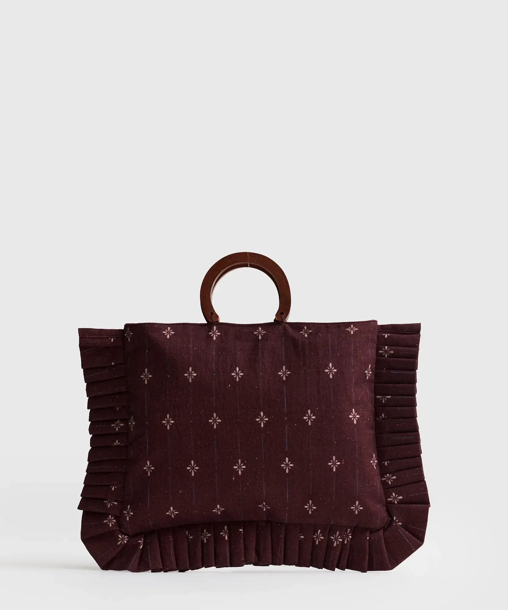 Mini Cartera Vuelos Paradiso de Lounge con vuelo en los bordes y asas de madera, color burdeos.