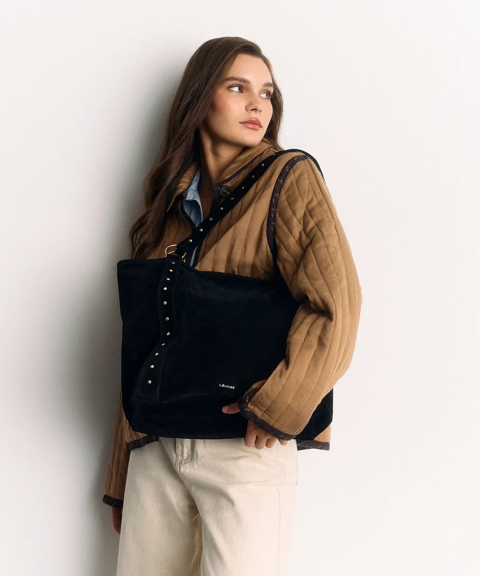 Cartera Tote Notebook Fake Suede Tachas