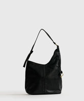 Cartera De Hombro Asimétrica negra de Lounge con asa ajustable y diseño de argollas, ideal para organización.