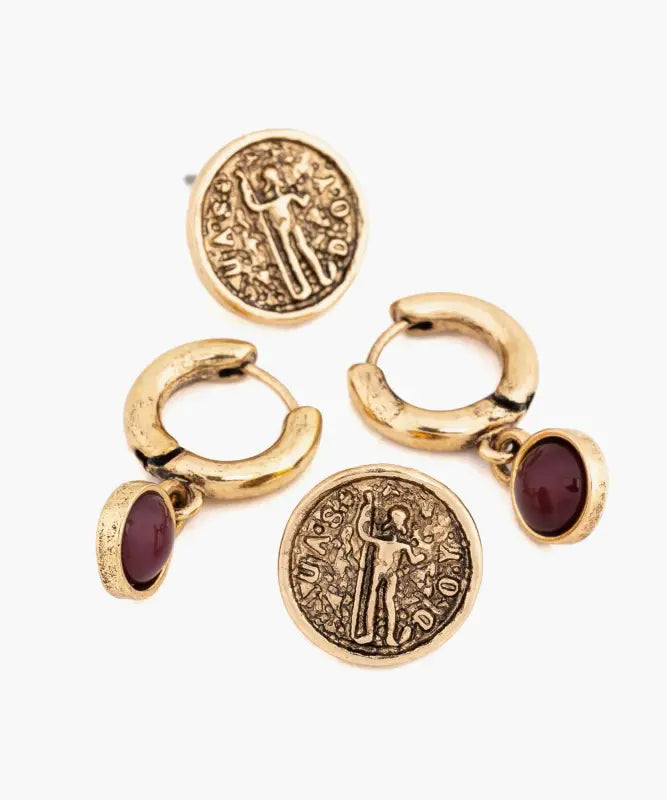 Set Aros Argollas Piedra Y Moneda