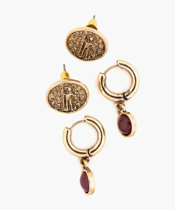 Set Aros Argollas Piedra Y Moneda